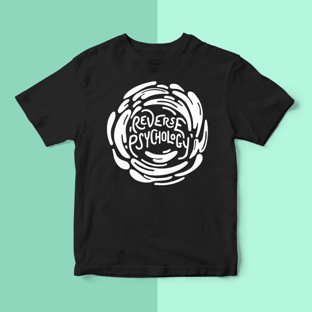 T-shirt mockup features the "Reverse Psychology" design.
