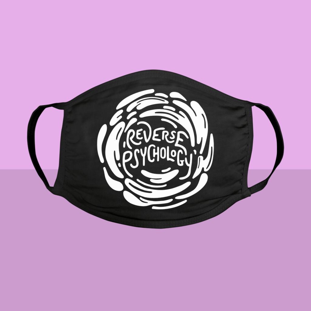 Face mask mockup features the "Reverse Psychology" design.