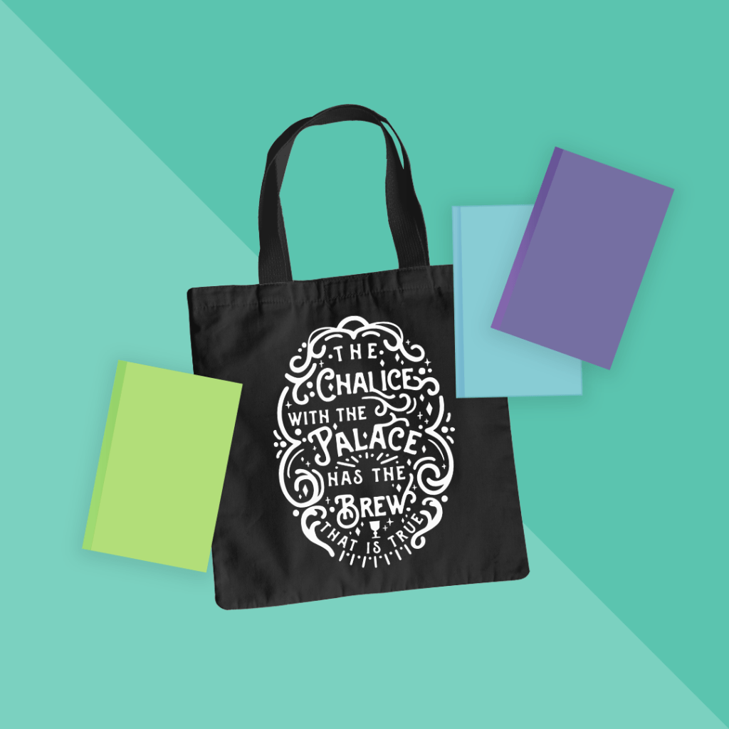 Tote bag mockup featuring the "Chalice with the Palace" design.
