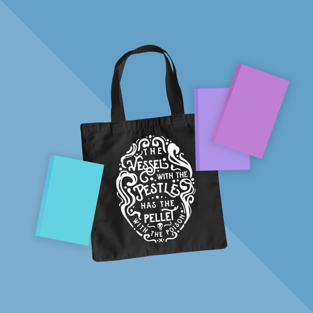 Tote bag mockup featuring the "Vessel with the Pestle" design.