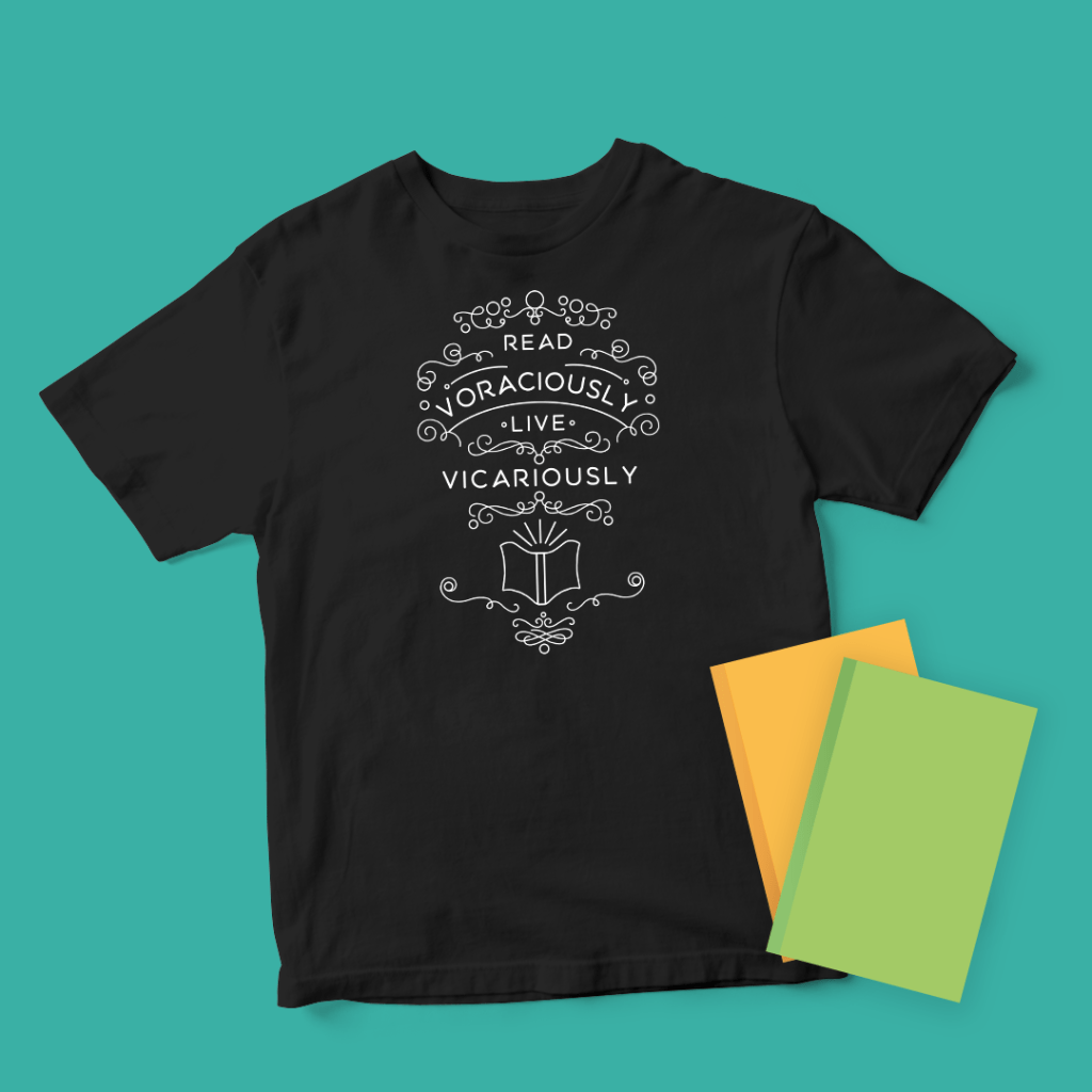 T-shirt mockup featuring the "Read Voraciously" design