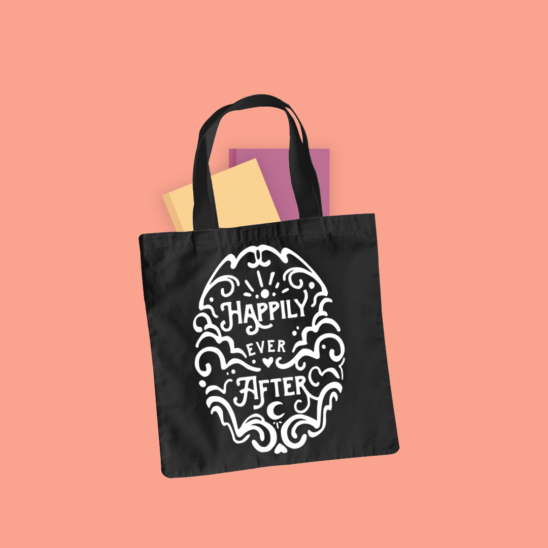 Mockup of a tote bag featuring the Happily Ever After design from BumbleBess.com