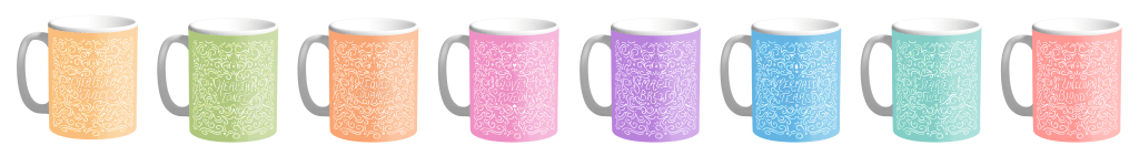 Mug mockup samples of the I'll Drink to That series of designs in the bright colorway from BumbleBess.com