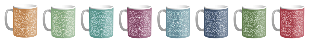 Mug mockup samples of the I'll Drink to That series of designs in the tonal colorway from BumbleBess.com