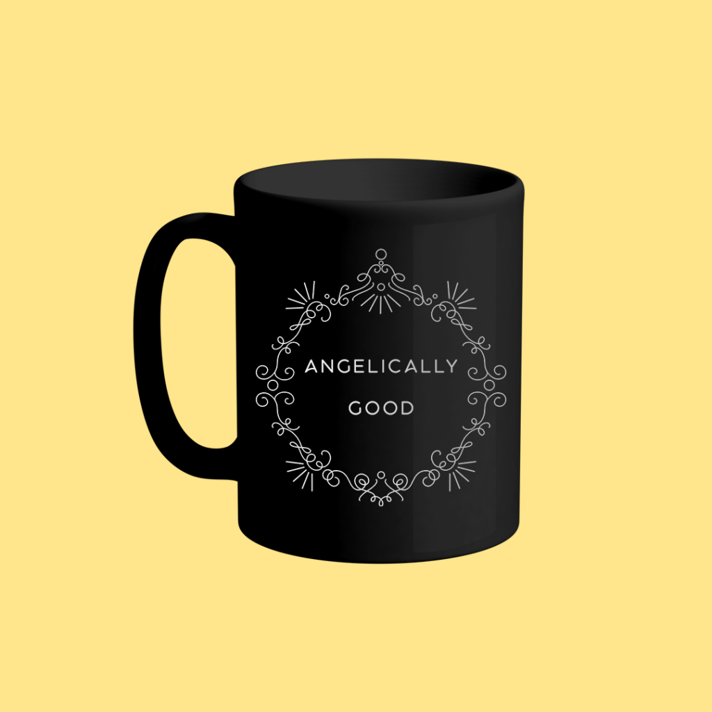 Mockup of a mug featuring the Angelically Good design from BumbleBess.com