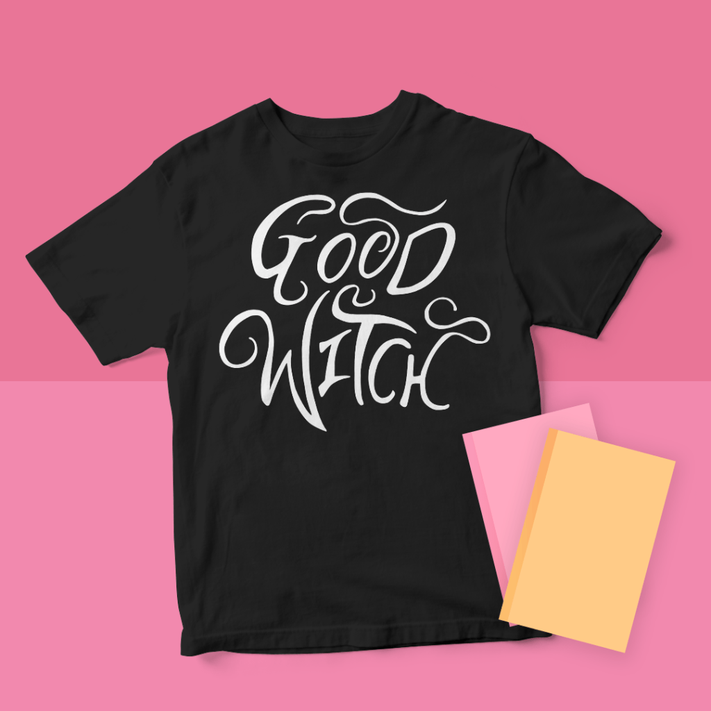 Mockup of a black t-shirt featuring the GOOD WITCH design from BumbleBess.com