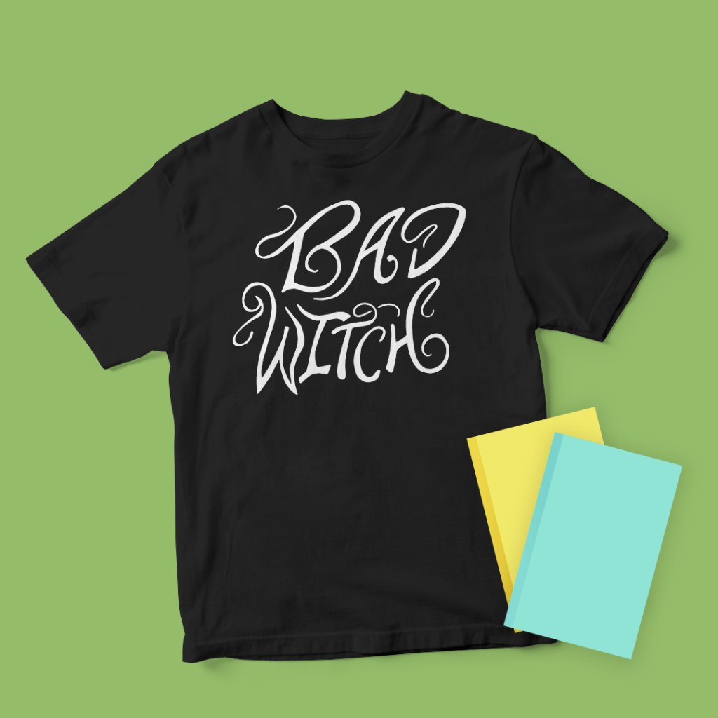 Mockup of a t-shirt featuring the Bad Witch design from BumbleBess.com
